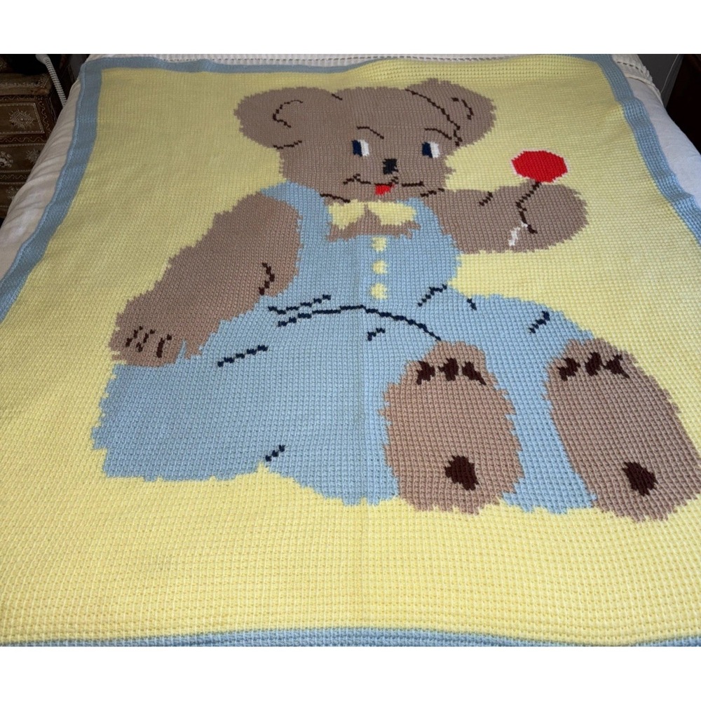 VTG  Crochet/Knitted‎ Teddy Bear In Overalls Baby Blanket Throw Afghan 54"x 62"